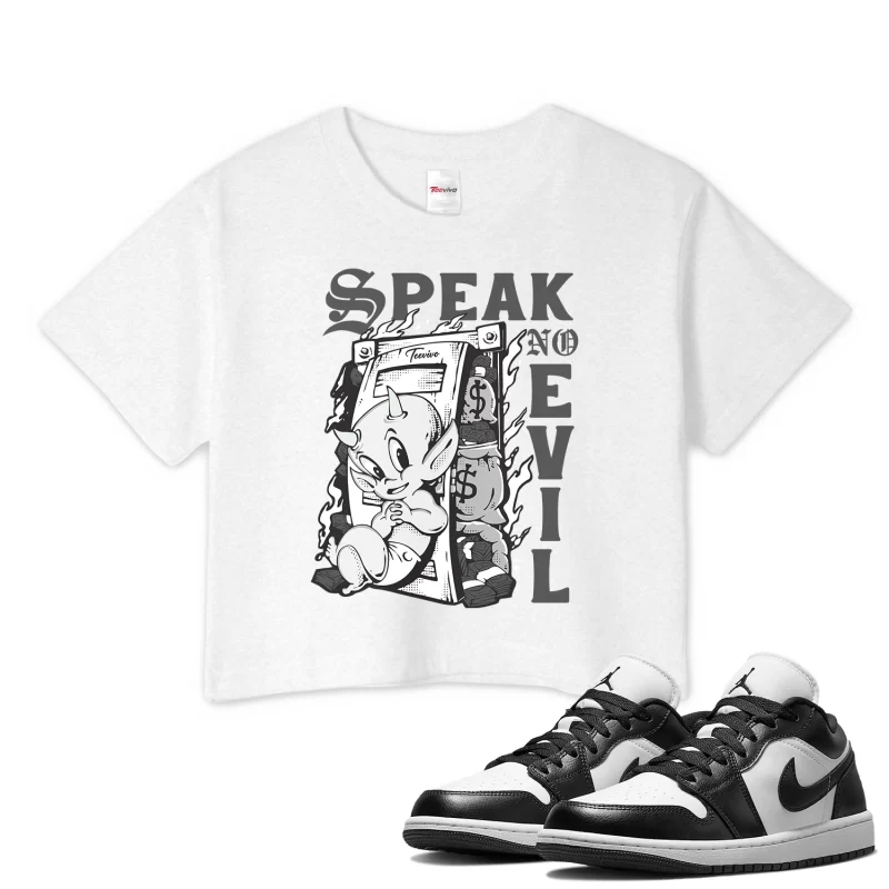 TeeVivo Crop Top Match Air Jordan 1 Low Panda Speak no evil – Air Jordan 1 Crop Top, AJ1 Crop Top