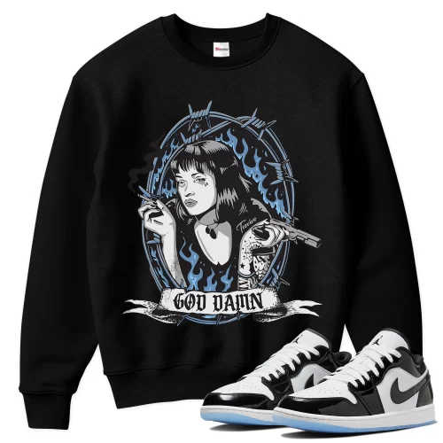 TeeVivo Sweatshirt Match Air Jordan 1 Low SE Concord God Daaamn – Air Jordan 1 Sweatshirt, AJ1 Sweatshirt