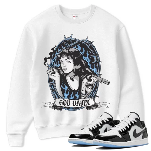 TeeVivo Sweatshirt Match Air Jordan 1 Low SE Concord God Daaamn – Air Jordan 1 Sweatshirt, AJ1 Sweatshirt