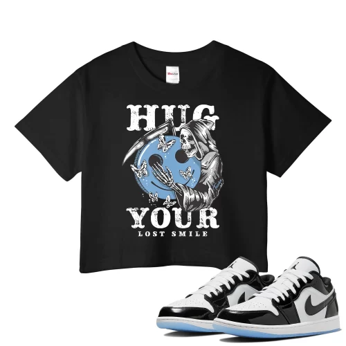 TeeVivo Crop Top Match Air Jordan 1 Low SE Concord Hug your lost smile – Air Jordan 1 Crop Top, AJ1 Crop Top