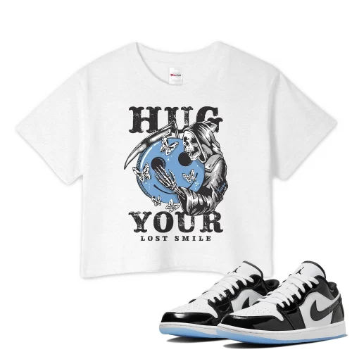 TeeVivo Crop Top Match Air Jordan 1 Low SE Concord Hug your lost smile – Air Jordan 1 Crop Top, AJ1 Crop Top