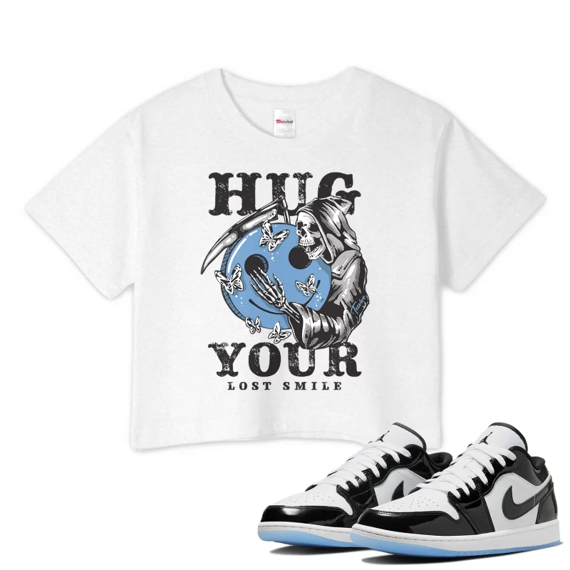 TeeVivo Crop Top Match Air Jordan 1 Low SE Concord Hug your lost smile – Air Jordan 1 Crop Top, AJ1 Crop Top