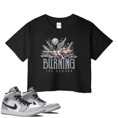 TeeVivo Crop Top Match Air Jordan 1 Mid Light Smoke Grey Burning the ground – Air Jordan 1 Crop Top, AJ1 Crop Top