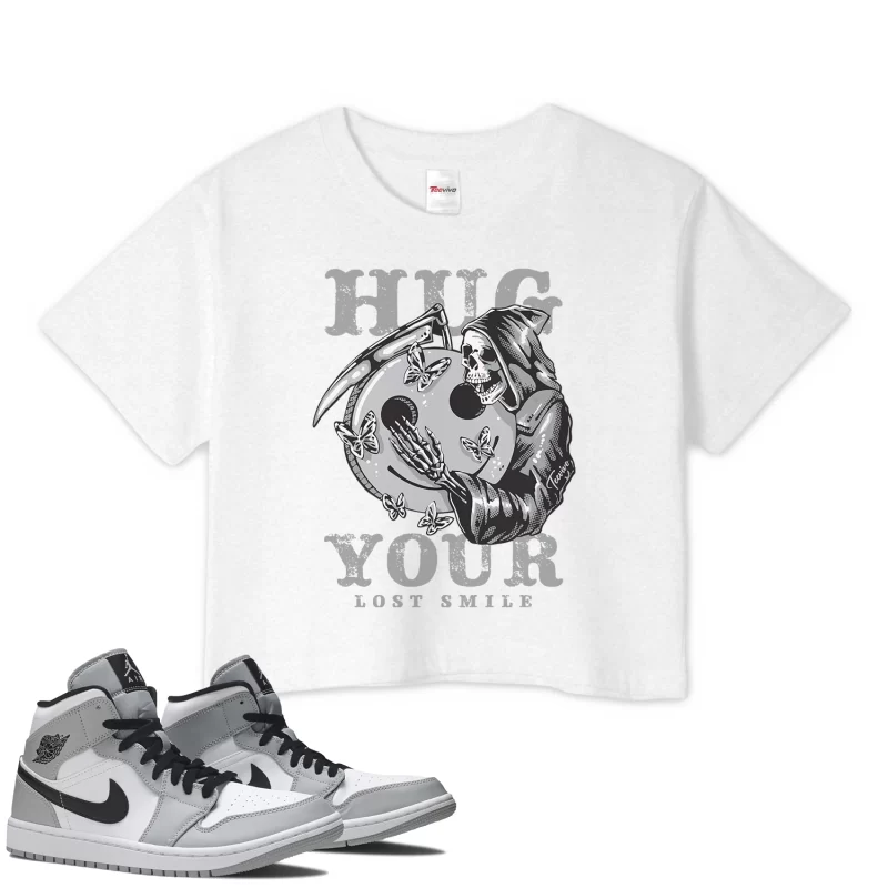 TeeVivo Crop Top Match Air Jordan 1 Mid Light Smoke Grey Hug your lost smile – Air Jordan 1 Crop Top, AJ1 Crop Top