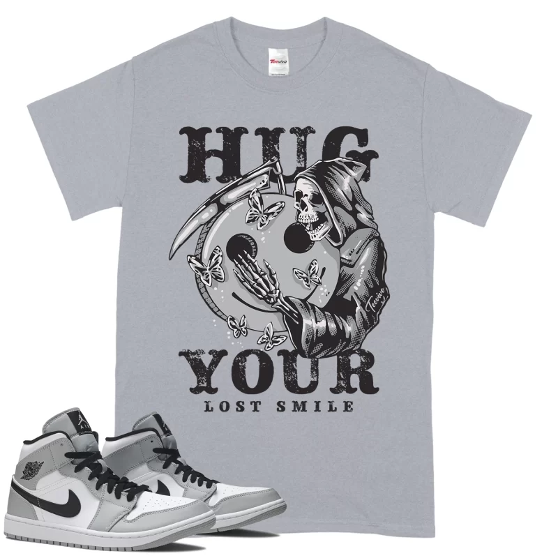TeeVivo T-Shirt Match Air Jordan 1 Mid Light Smoke Grey Hug your lost smile – Air Jordan 1 Shirt, AJ1 Shirt