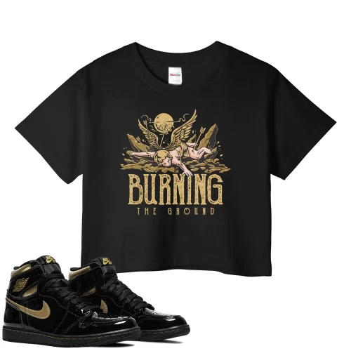 TeeVivo Crop Top Match Air Jordan 1 Retro High Black Metallic Gold Burning the ground – Air Jordan 1 Crop Top, AJ1 Crop Top
