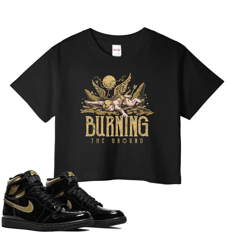 TeeVivo Crop Top Match Air Jordan 1 Retro High Black Metallic Gold Burning the ground – Air Jordan 1 Crop Top, AJ1 Crop Top