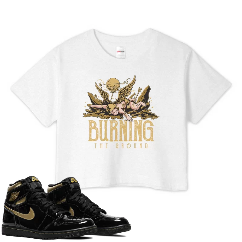 TeeVivo Crop Top Match Air Jordan 1 Retro High Black Metallic Gold Burning the ground – Air Jordan 1 Crop Top, AJ1 Crop Top