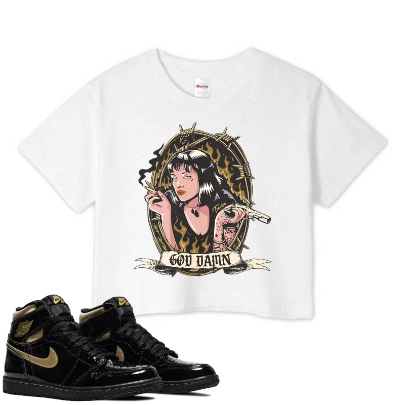 TeeVivo Crop Top Match Air Jordan 1 Retro High Black Metallic Gold God Daaamn – Air Jordan 1 Crop Top, AJ1 Crop Top