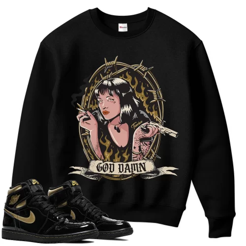 TeeVivo Sweatshirt Match Air Jordan 1 Retro High Black Metallic Gold God Daaamn – Air Jordan 1 Sweatshirt, AJ1 Sweatshirt