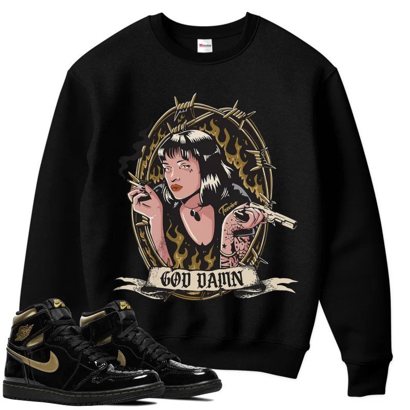 TeeVivo Sweatshirt Match Air Jordan 1 Retro High Black Metallic Gold God Daaamn – Air Jordan 1 Sweatshirt, AJ1 Sweatshirt