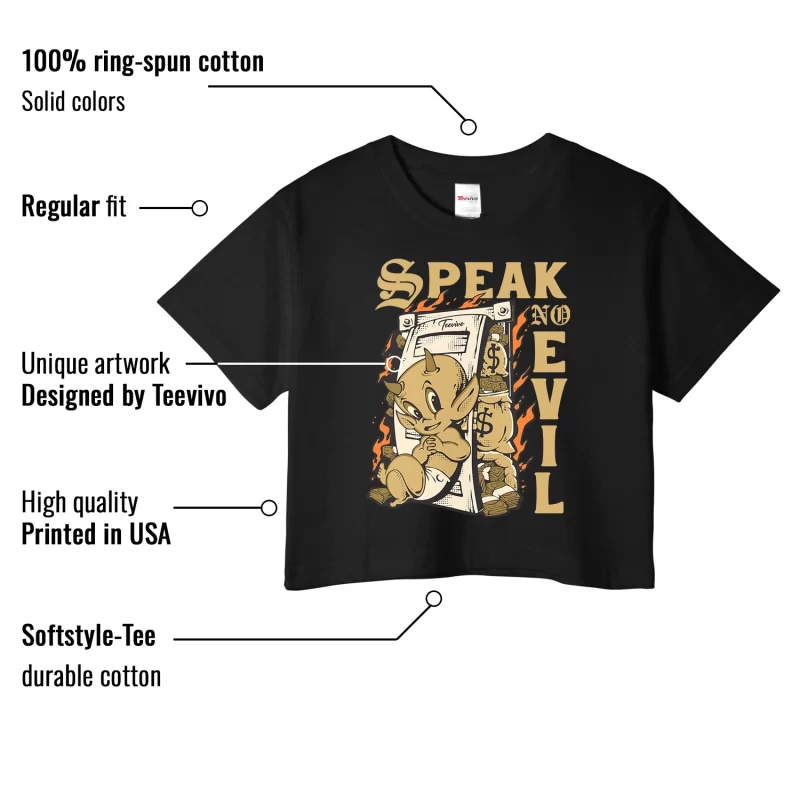 TeeVivo Crop Top Match Air Jordan 1 Retro High Black Metallic Gold Speak no evil – Air Jordan 1 Crop Top, AJ1 Crop Top
