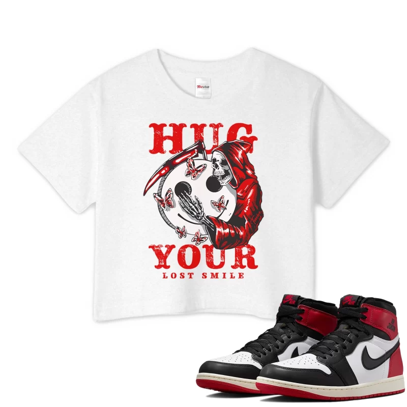 TeeVivo Crop Top Match Air Jordan 1 Retro High OG Black Toe Reimagined Hug your lost smile – Air Jordan 1 Crop Top, AJ1 Crop Top