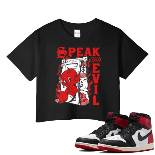 TeeVivo Crop Top Match Air Jordan 1 Retro High OG Black Toe Reimagined Speak no evil – Air Jordan 1 Crop Top, AJ1 Crop Top