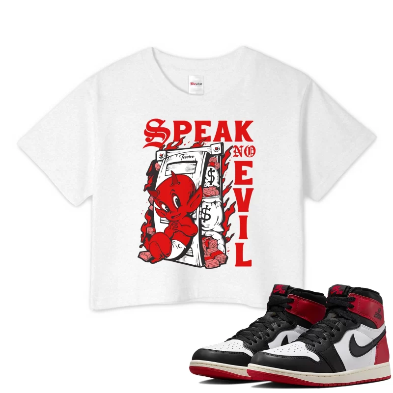 TeeVivo Crop Top Match Air Jordan 1 Retro High OG Black Toe Reimagined Speak no evil – Air Jordan 1 Crop Top, AJ1 Crop Top