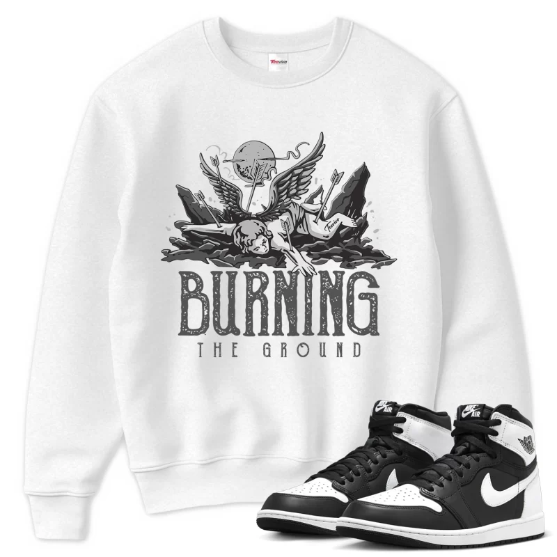 TeeVivo Sweatshirt Match Air Jordan 1 Retro High OG Black White Burning the ground – Air Jordan 1 Sweatshirt, AJ1 Sweatshirt