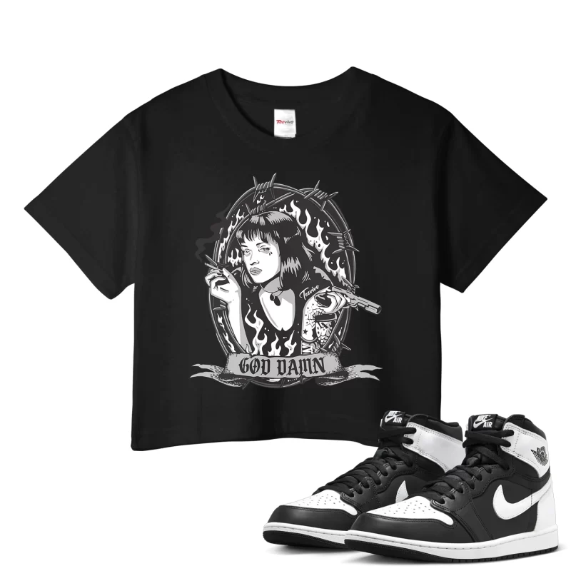 TeeVivo Crop Top Match Air Jordan 1 Retro High OG Black White God Daaamn – Air Jordan 1 Crop Top, AJ1 Crop Top