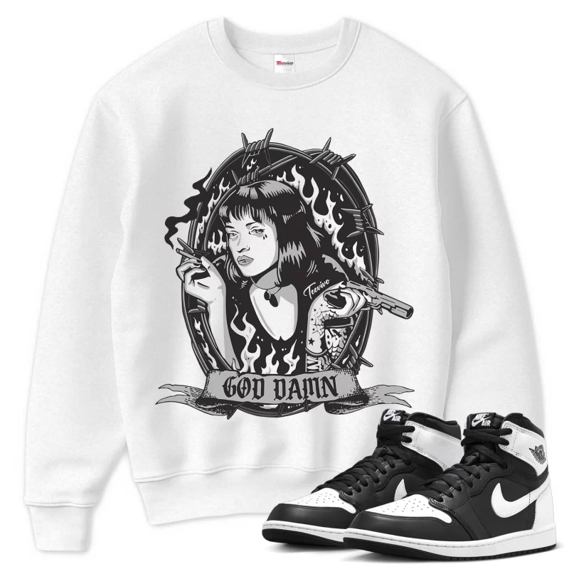 TeeVivo Sweatshirt Match Air Jordan 1 Retro High OG Black White God Daaamn – Air Jordan 1 Sweatshirt, AJ1 Sweatshirt