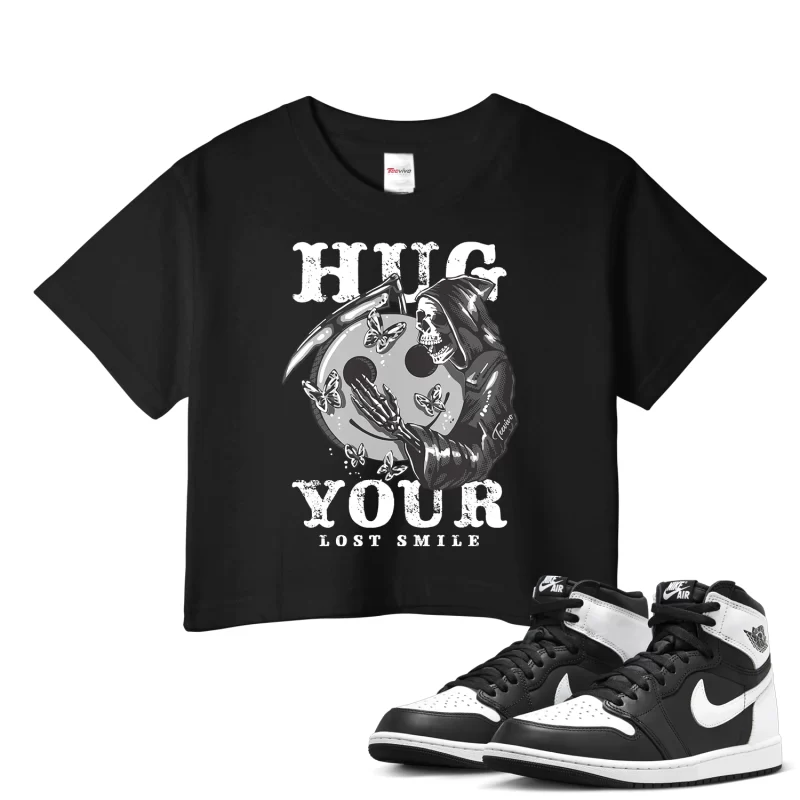 TeeVivo Crop Top Match Air Jordan 1 Retro High OG Black White Hug your lost smile – Air Jordan 1 Crop Top, AJ1 Crop Top