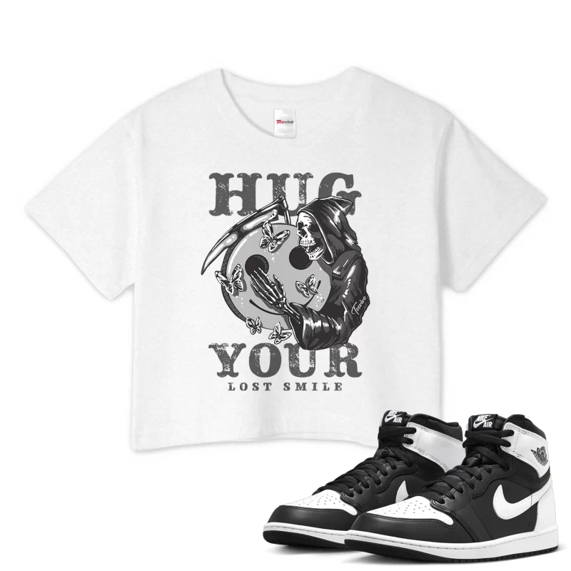 TeeVivo Crop Top Match Air Jordan 1 Retro High OG Black White Hug your lost smile – Air Jordan 1 Crop Top, AJ1 Crop Top