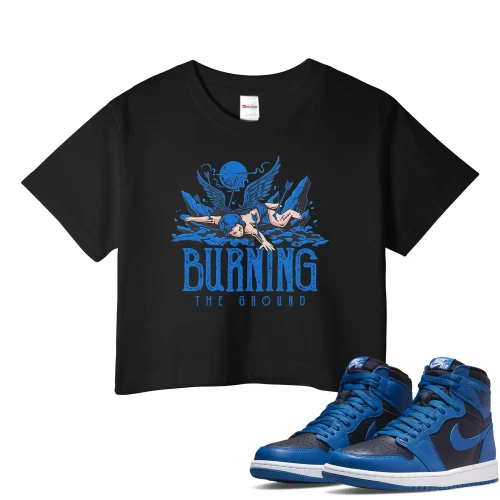 TeeVivo Crop Top Match Air Jordan 1 Retro High OG Dark Marina Blue Burning the ground – Air Jordan 1 Crop Top, AJ1 Crop Top