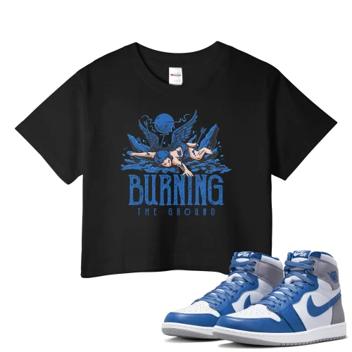 TeeVivo Crop Top Match Air Jordan 1 Retro High OG True Blue Burning the ground – Air Jordan 1 Crop Top, AJ1 Crop Top