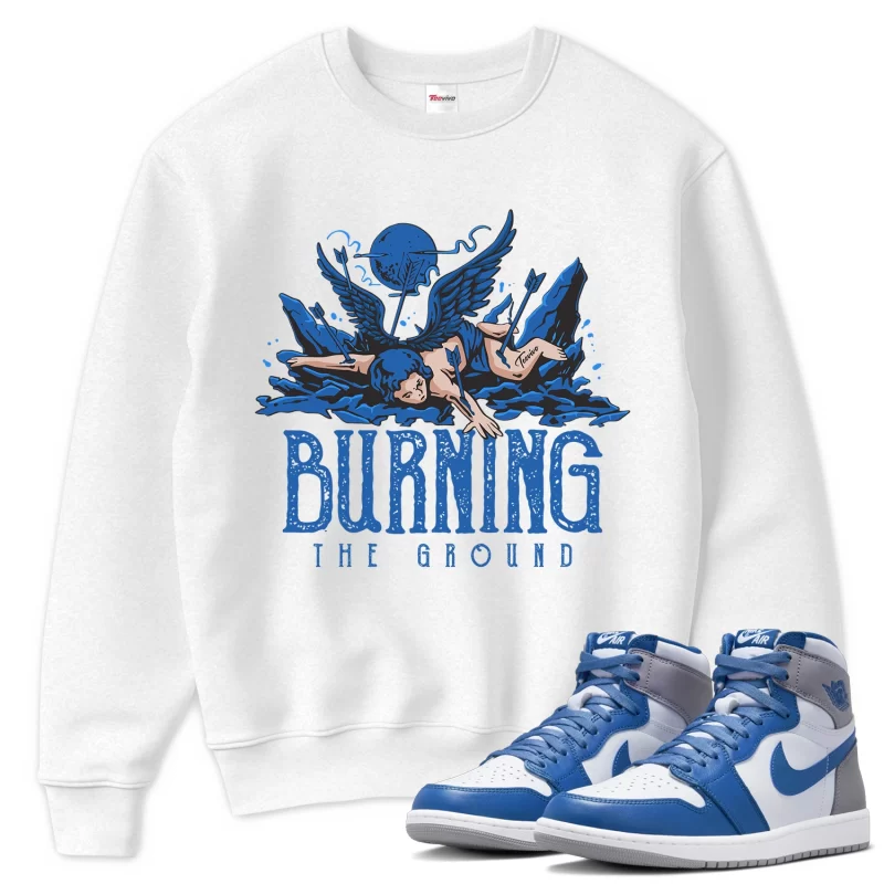 TeeVivo Sweatshirt Match Air Jordan 1 Retro High OG True Blue Burning the ground – Air Jordan 1 Sweatshirt, AJ1 Sweatshirt