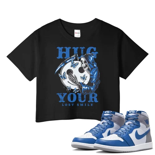 TeeVivo Crop Top Match Air Jordan 1 Retro High OG True Blue Hug your lost smile – Air Jordan 1 Crop Top, AJ1 Crop Top