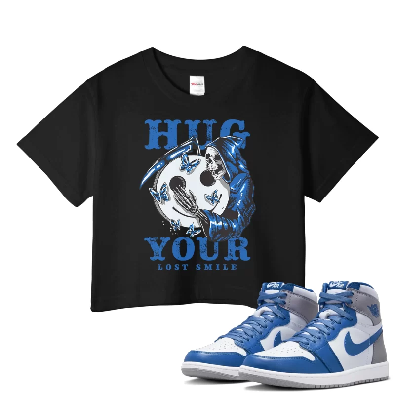 TeeVivo Crop Top Match Air Jordan 1 Retro High OG True Blue Hug your lost smile – Air Jordan 1 Crop Top, AJ1 Crop Top