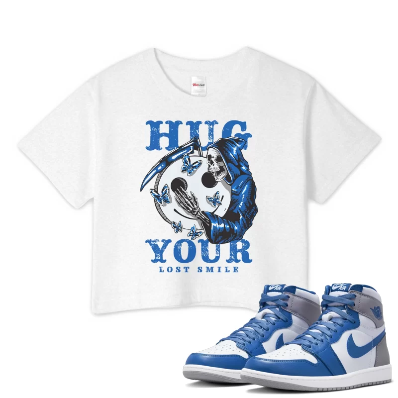 TeeVivo Crop Top Match Air Jordan 1 Retro High OG True Blue Hug your lost smile – Air Jordan 1 Crop Top, AJ1 Crop Top