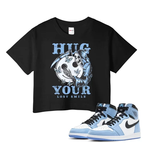 TeeVivo Crop Top Match Air Jordan 1 Retro High OG University Blue Hug your lost smile – Air Jordan 1 Crop Top, AJ1 Crop Top