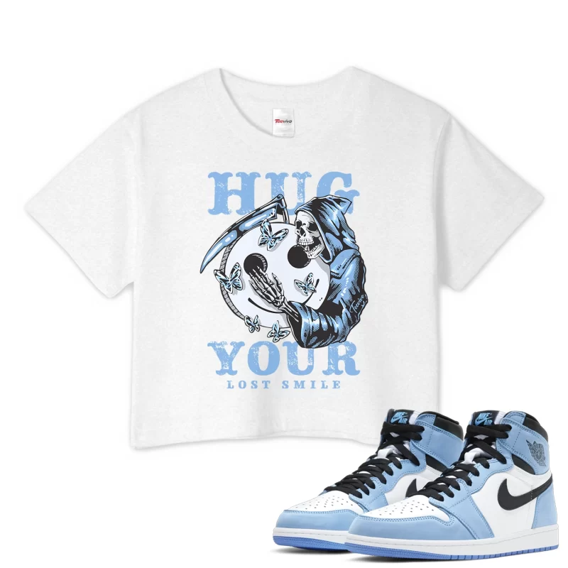 TeeVivo Crop Top Match Air Jordan 1 Retro High OG University Blue Hug your lost smile – Air Jordan 1 Crop Top, AJ1 Crop Top