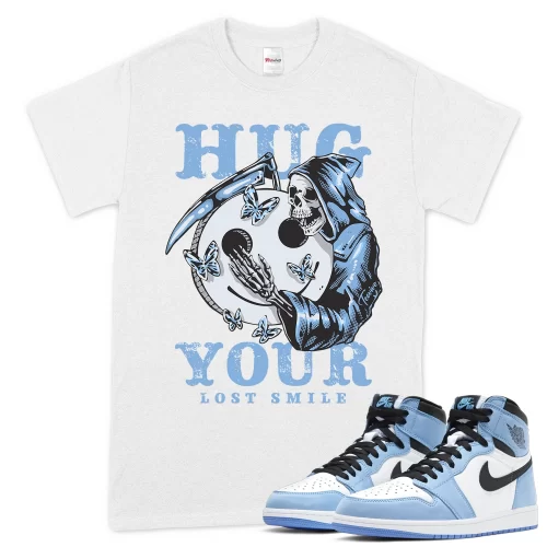 TeeVivo T-Shirt Match Air Jordan 1 Retro High OG University Blue Hug your lost smile – Air Jordan 1 Shirt, AJ1 Shirt