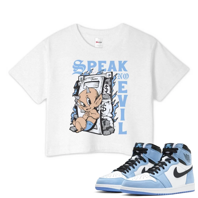 TeeVivo Crop Top Match Air Jordan 1 Retro High OG University Blue Speak no evil – Air Jordan 1 Crop Top, AJ1 Crop Top