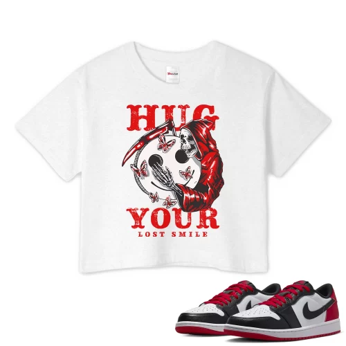 TeeVivo Crop Top Match Air Jordan 1 Retro Low OG Black Toe Hug your lost smile – Air Jordan 1 Crop Top, AJ1 Crop Top
