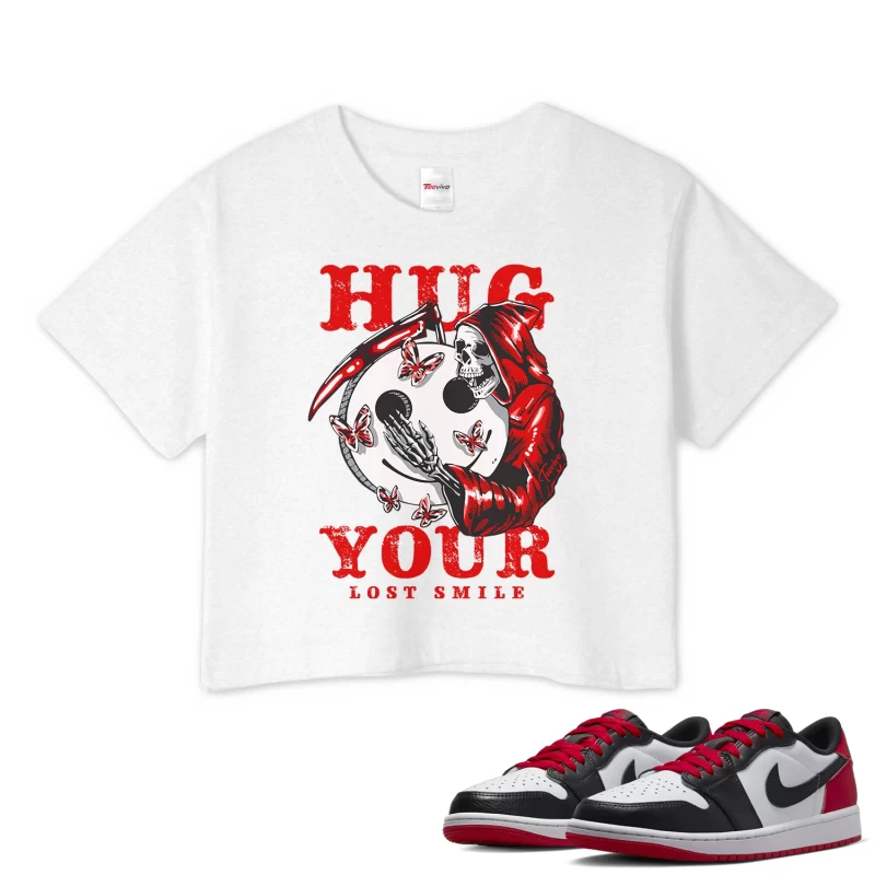 TeeVivo Crop Top Match Air Jordan 1 Retro Low OG Black Toe Hug your lost smile – Air Jordan 1 Crop Top, AJ1 Crop Top