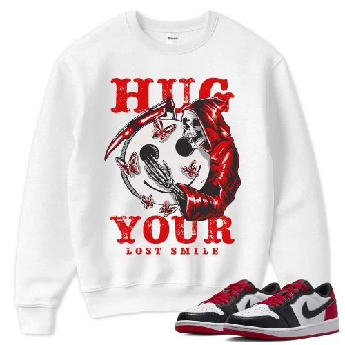 TeeVivo Sweatshirt Match Air Jordan 1 Retro Low OG Black Toe Hug your lost smile – Air Jordan 1 Sweatshirt, AJ1 Sweatshirt