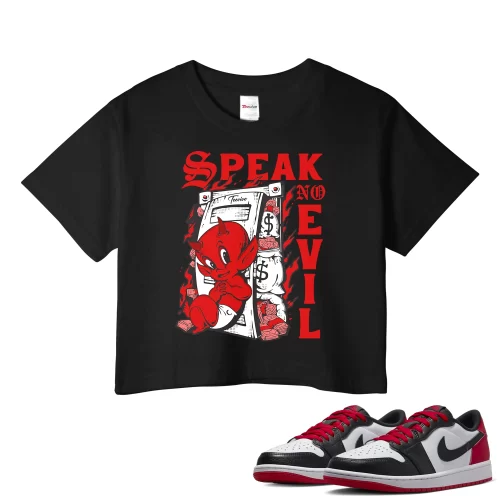TeeVivo Crop Top Match Air Jordan 1 Retro Low OG Black Toe Speak no evil – Air Jordan 1 Crop Top, AJ1 Crop Top