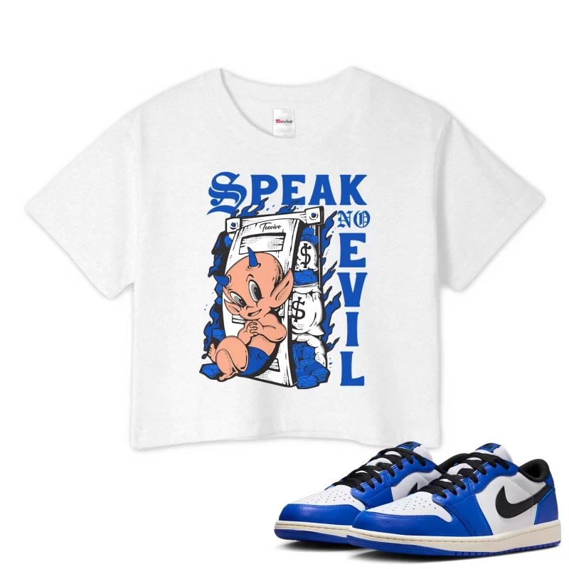 TeeVivo Crop Top Match Air Jordan 1 Retro Low OG Game Royal Speak no evil – Air Jordan 1 Crop Top, AJ1 Crop Top