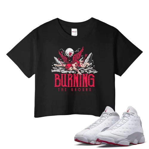 TeeVivo Crop Top Match Air Jordan 13 Retro Wolf Grey Burning the ground – Air Jordan 13 Crop Top, AJ13 Crop Top