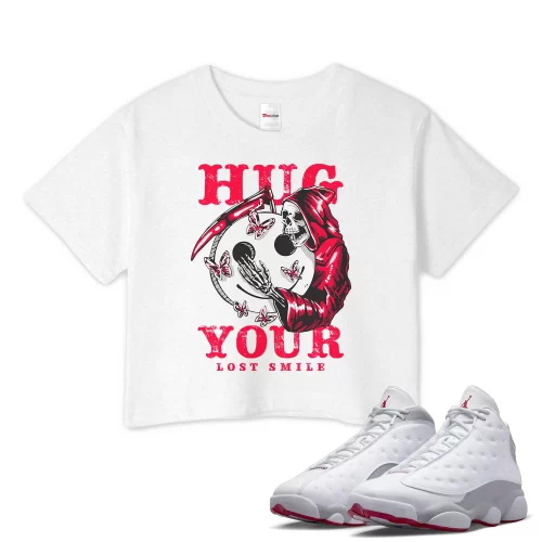 TeeVivo Crop Top Match Air Jordan 13 Retro Wolf Grey Hug your lost smile – Air Jordan 13 Crop Top, AJ13 Crop Top