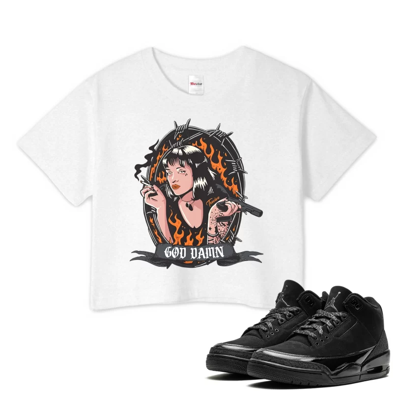 TeeVivo Crop Top Match Air Jordan 3 Retro Black Cat God Daaamn – Air Jordan 3 Crop Top, AJ3 Crop Top