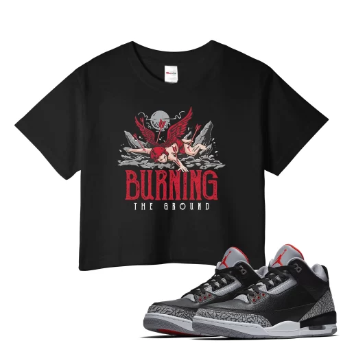 TeeVivo Crop Top Match Air Jordan 3 Retro OG Black Cement Burning the ground – Air Jordan 3 Crop Top, AJ3 Crop Top