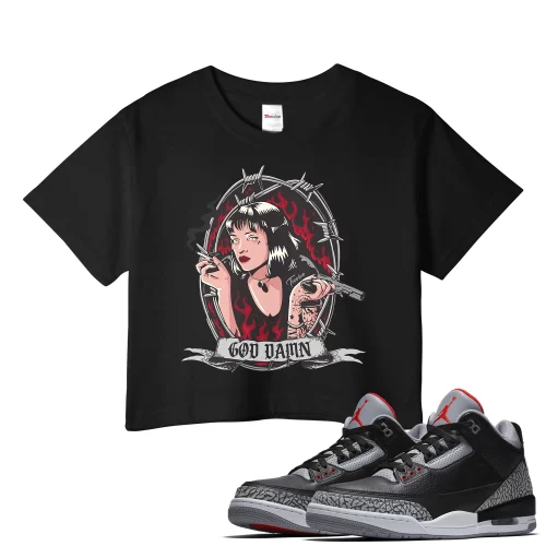 TeeVivo Crop Top Match Air Jordan 3 Retro OG Black Cement God Daaamn – Air Jordan 3 Crop Top, AJ3 Crop Top