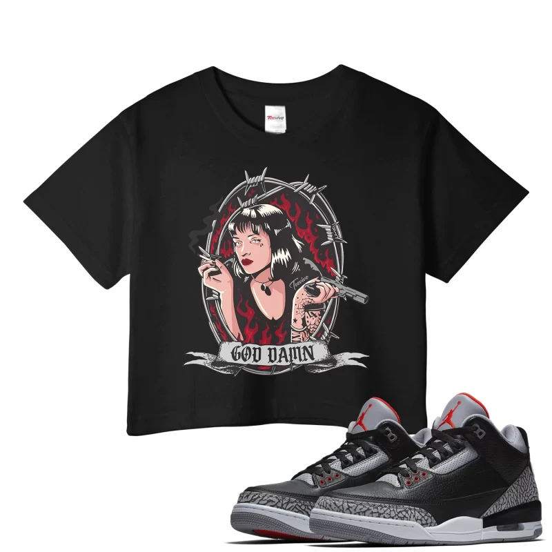 TeeVivo Crop Top Match Air Jordan 3 Retro OG Black Cement God Daaamn – Air Jordan 3 Crop Top, AJ3 Crop Top