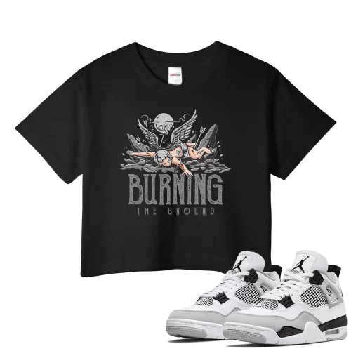 TeeVivo Crop Top Match Air Jordan 4 Retro Military Black Burning the ground – Air Jordan 4 Crop Top, AJ4 Crop Top