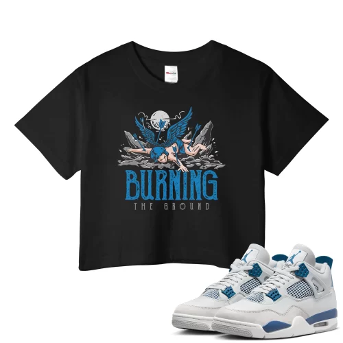 TeeVivo Crop Top Match Air Jordan 4 Retro Military Blue Burning the ground – Air Jordan 4 Crop Top, AJ4 Crop Top