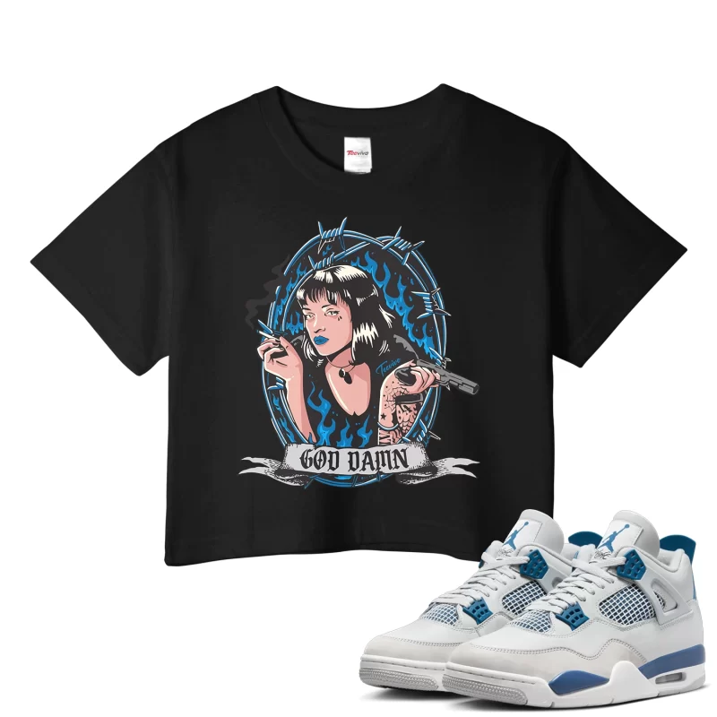 TeeVivo Crop Top Match Air Jordan 4 Retro Military Blue God Daaamn – Air Jordan 4 Crop Top, AJ4 Crop Top