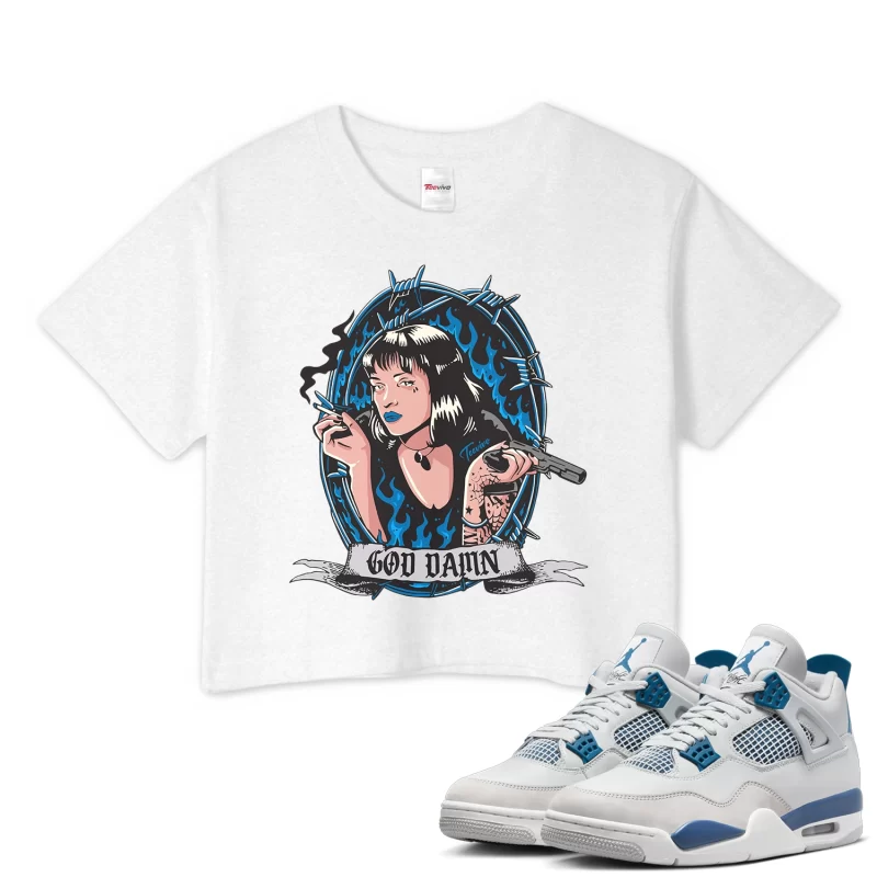 TeeVivo Crop Top Match Air Jordan 4 Retro Military Blue God Daaamn – Air Jordan 4 Crop Top, AJ4 Crop Top