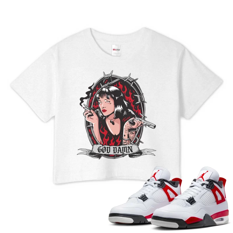 TeeVivo Crop Top Match Air Jordan 4 Retro Red Cement God Daaamn – Air Jordan 4 Crop Top, AJ4 Crop Top